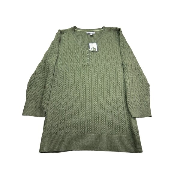Croft & Barrow Womens Cable Knit Sweater L Cotton Green V Neck Henley New - Picture 1 of 6